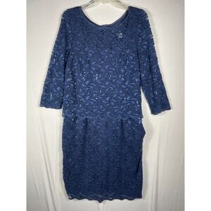 Vtg 90s Y2K Alex Evenings Sheath Dress 10 Navy Blue‎ Lace Sequins 3/4 Sleeve EUC